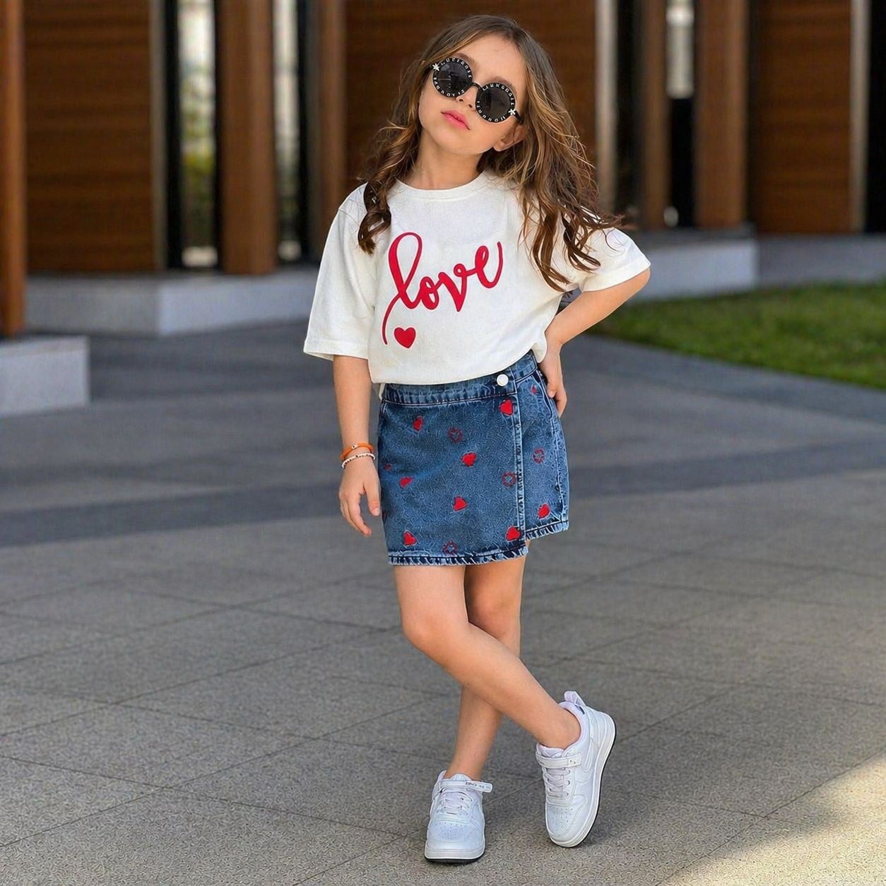 Kız Çocuk Love Baskılı Şort Etek Takım Şık Günlük Kombin