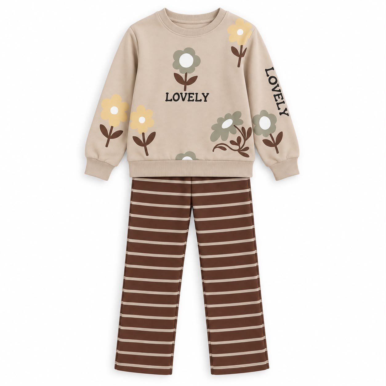 Kız Çocuk Lovely Yazılı Çiçek Baskılı Sweatshirt Çizgili Pantolon Alt Üst Takım