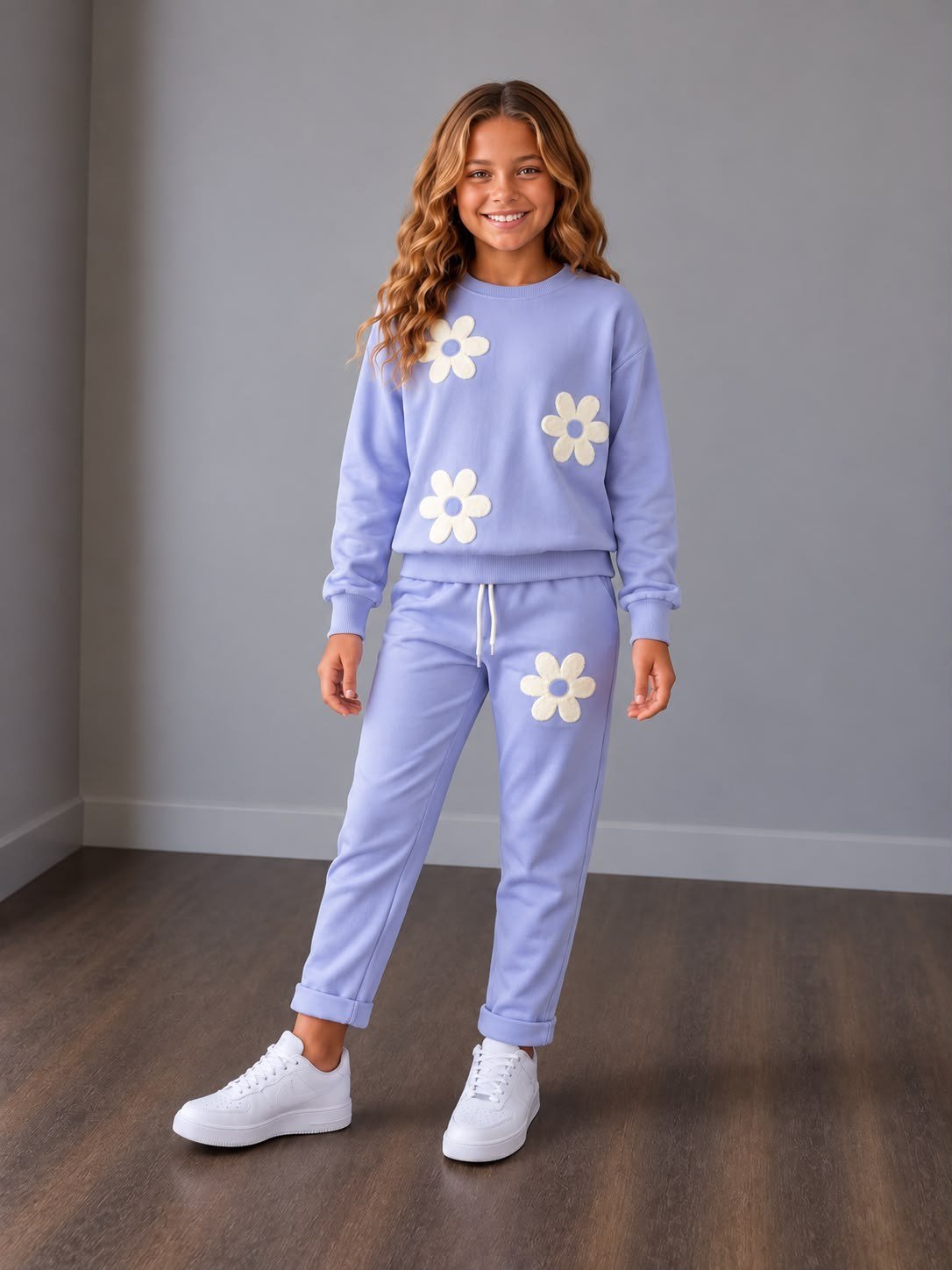 Kız Çocuk Papatya Aplikeli Sweatshirt Pantolon Alt Üst Takım