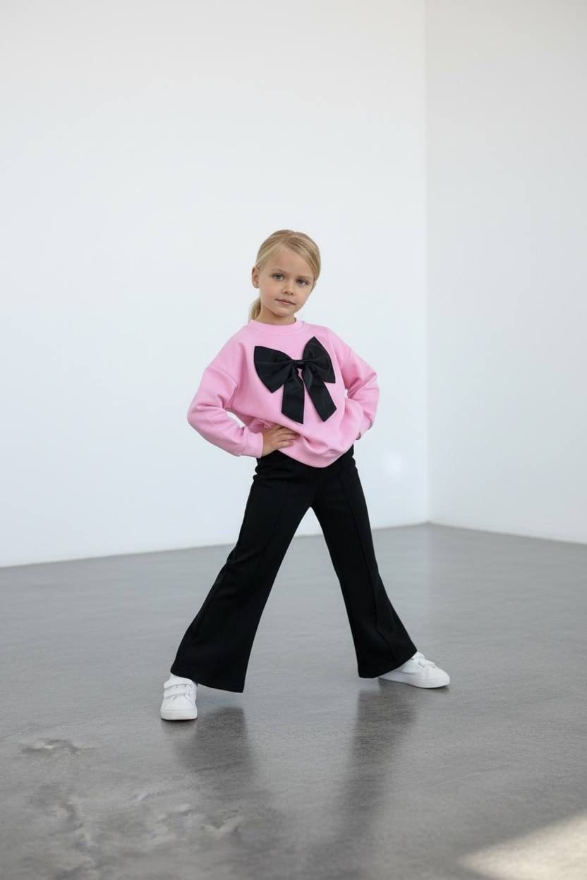 Kız Çocuk Pembe Fiyonklu 2 İplik Sweatshirt & İnterlok İspanyol Paça Tayt Takım