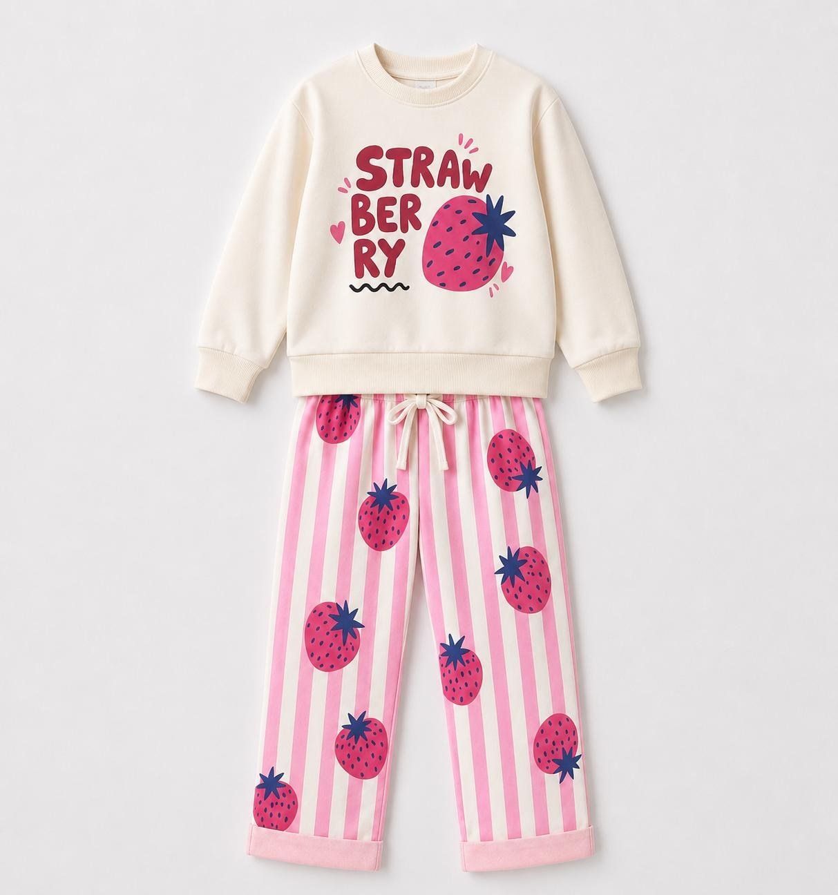 Kız Çocuk Strawberry Baskılı Çizgili Alt Üst Takım