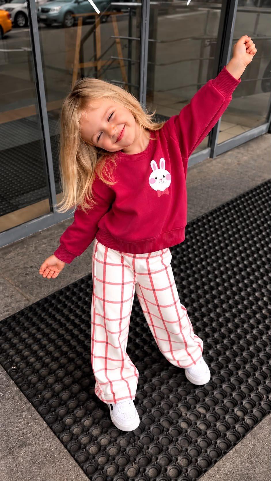 Kız Çocuk Tavşan Baskılı 3 İplik Şardonsuz Sweatshirt Ekose Gabardin Pantolon Alt Üst Takım
