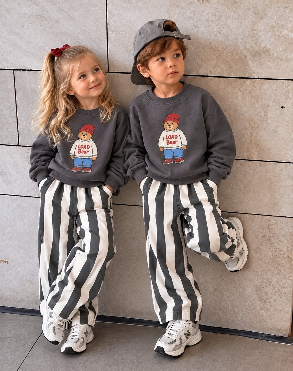 Kız Erkek Çocuk Unisex Ayıcık Baskılı Bisiklet Yaka Sweatshirt ve Çizgili Bol Paça Pantolon Alt Üst Takım