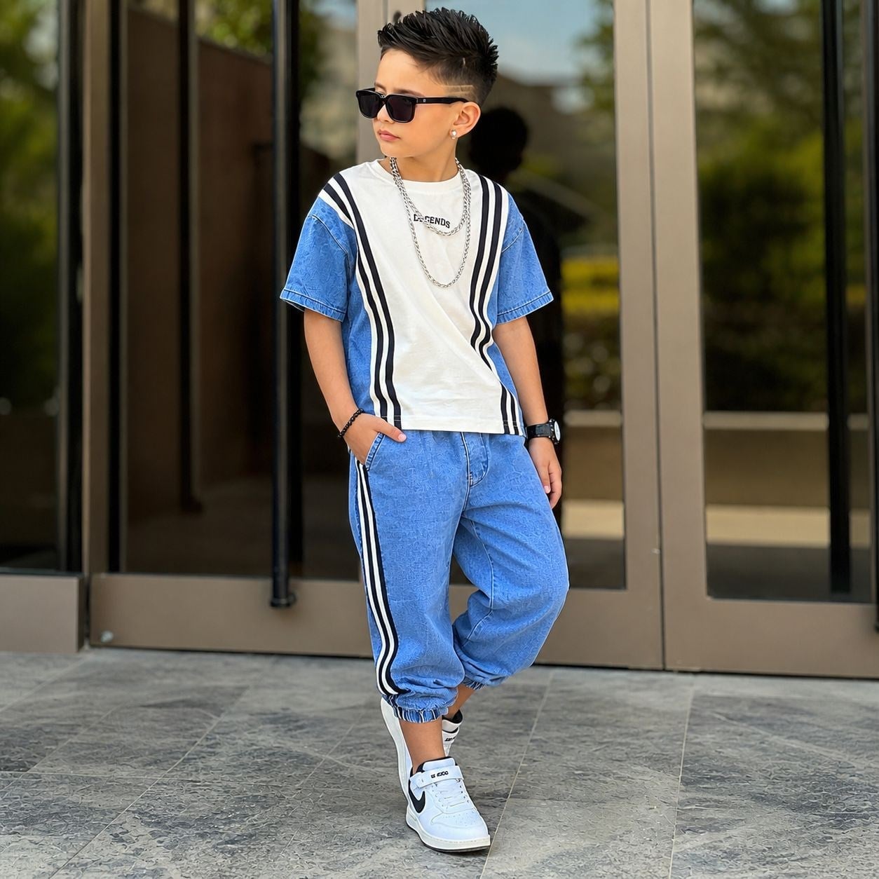 Trend Erkek Çocuk Kot Takım Şeritli Spor Kombin