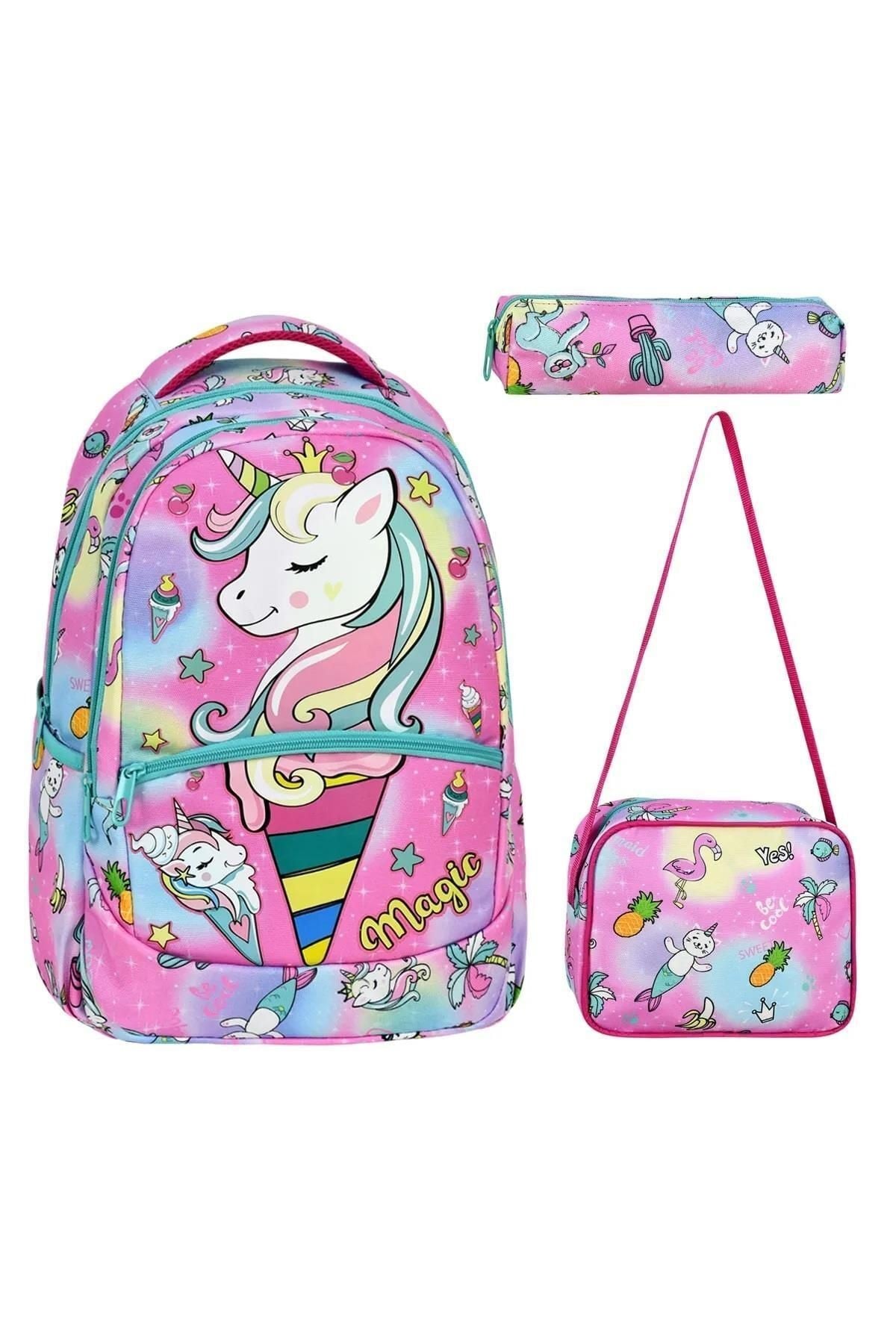 Yigit Butik 3’Lü İlkokul Unicorn Desenli, Kız Çocuk Beslenmeli Ve Kalemlikli Okul Çantası