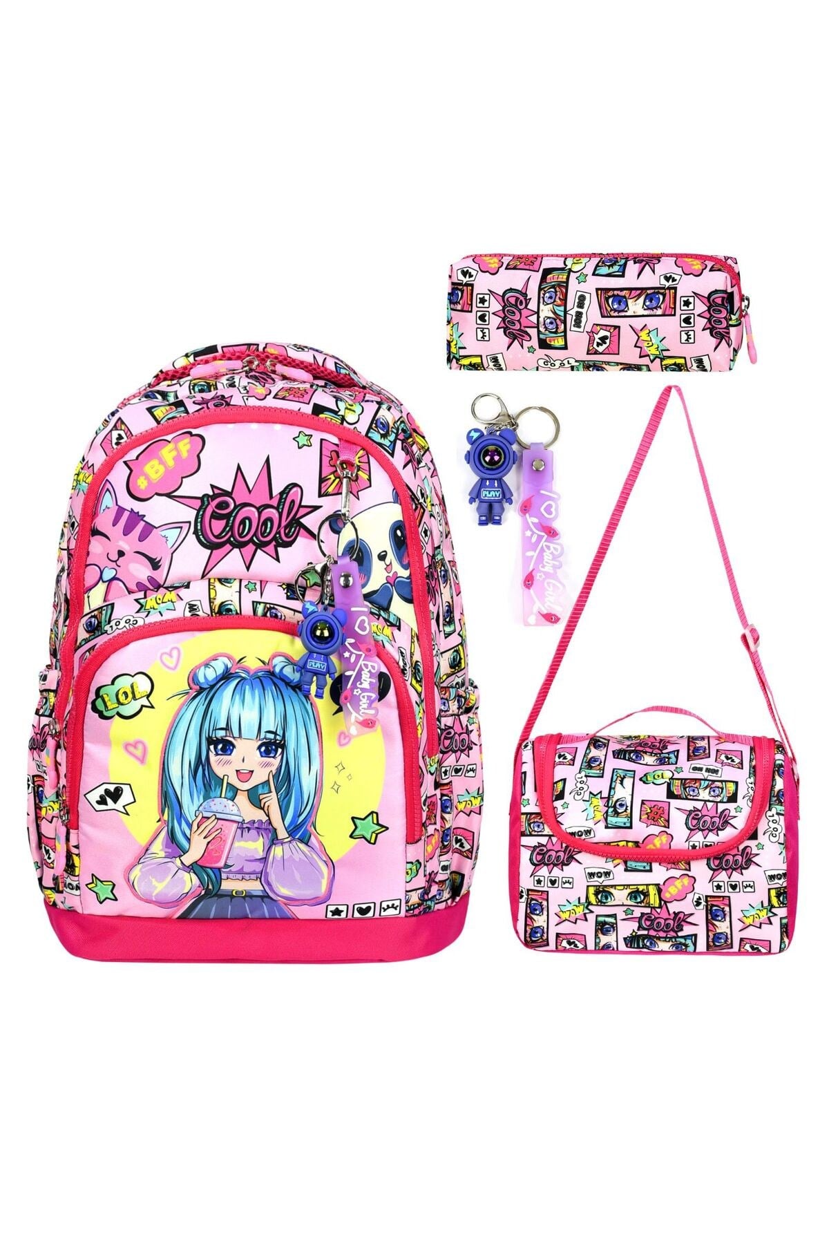 Yigit Butik Anime Karakter Baskılı Üçlü Kız Çocuk İlkokul Çantası Seti