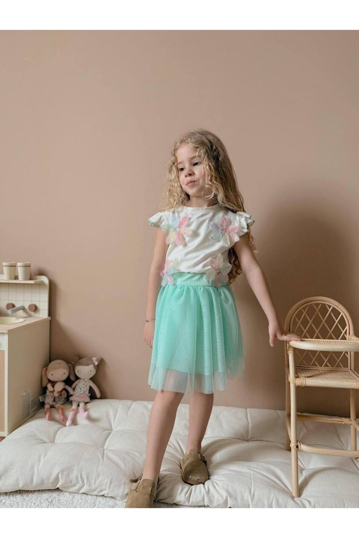 Yigit Butik Çiçekli Tül Etekli Kız Çocuk Takım