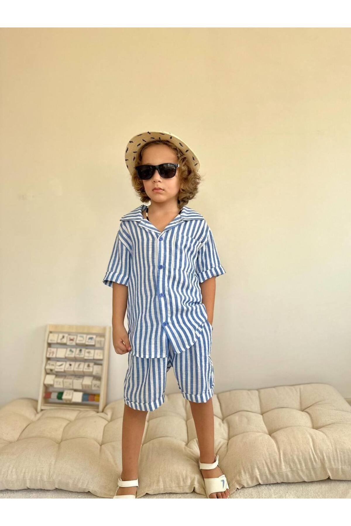 Yigit Butik Çizgili Şortlu Erkek Çocuk Takım