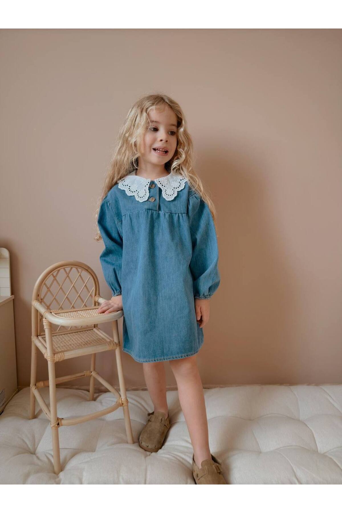 Yigit Butik Dantel Yaka Denim Elbise
