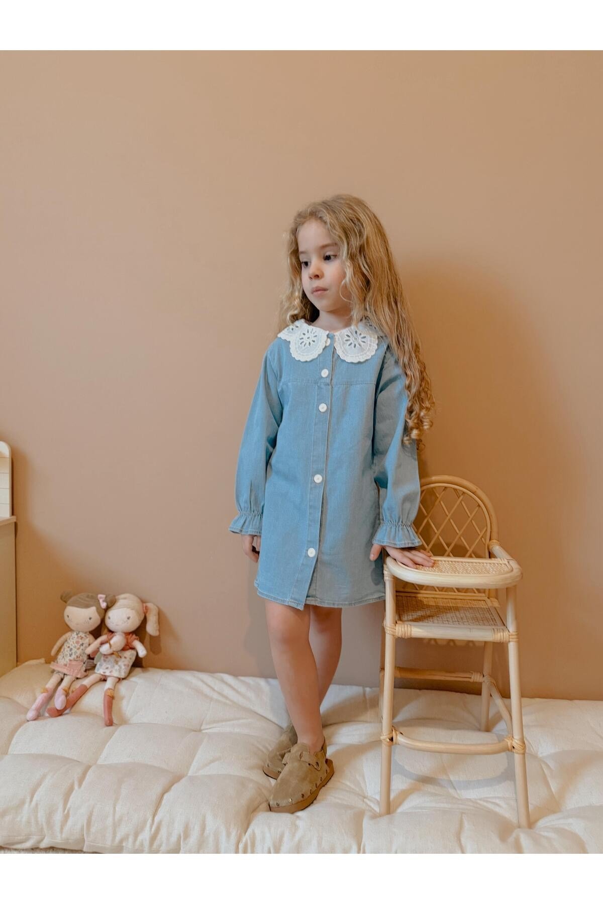 Yigit Butik Dantel Yaka Kız Çocuk Denim Elbise