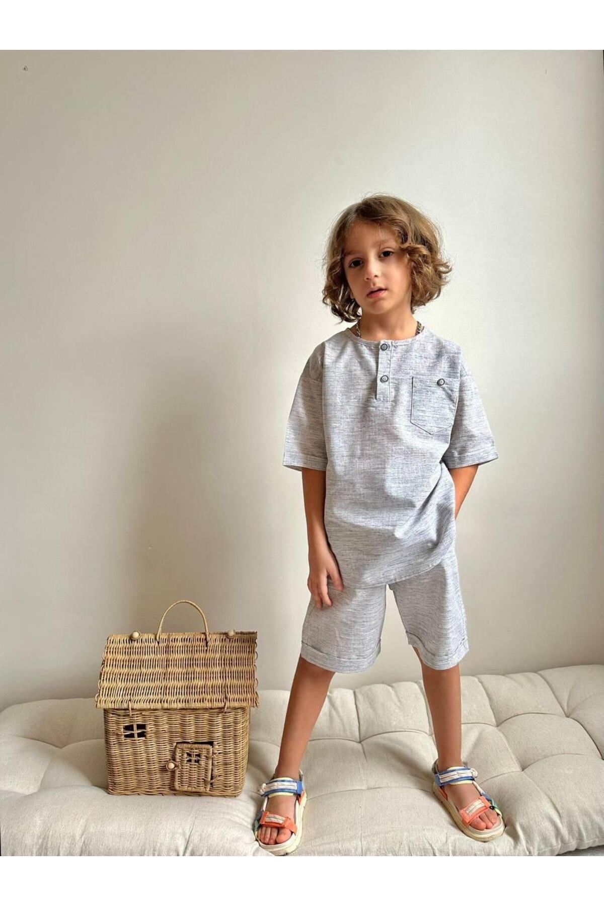 Yigit Butik Poplin Kumaş Erkek Çocuk Şortlu Takım
