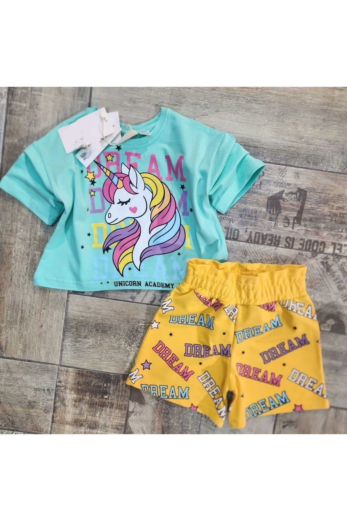 Yigit Butik Unicorn Baskılı Şortlu Kız Çocuk Takım