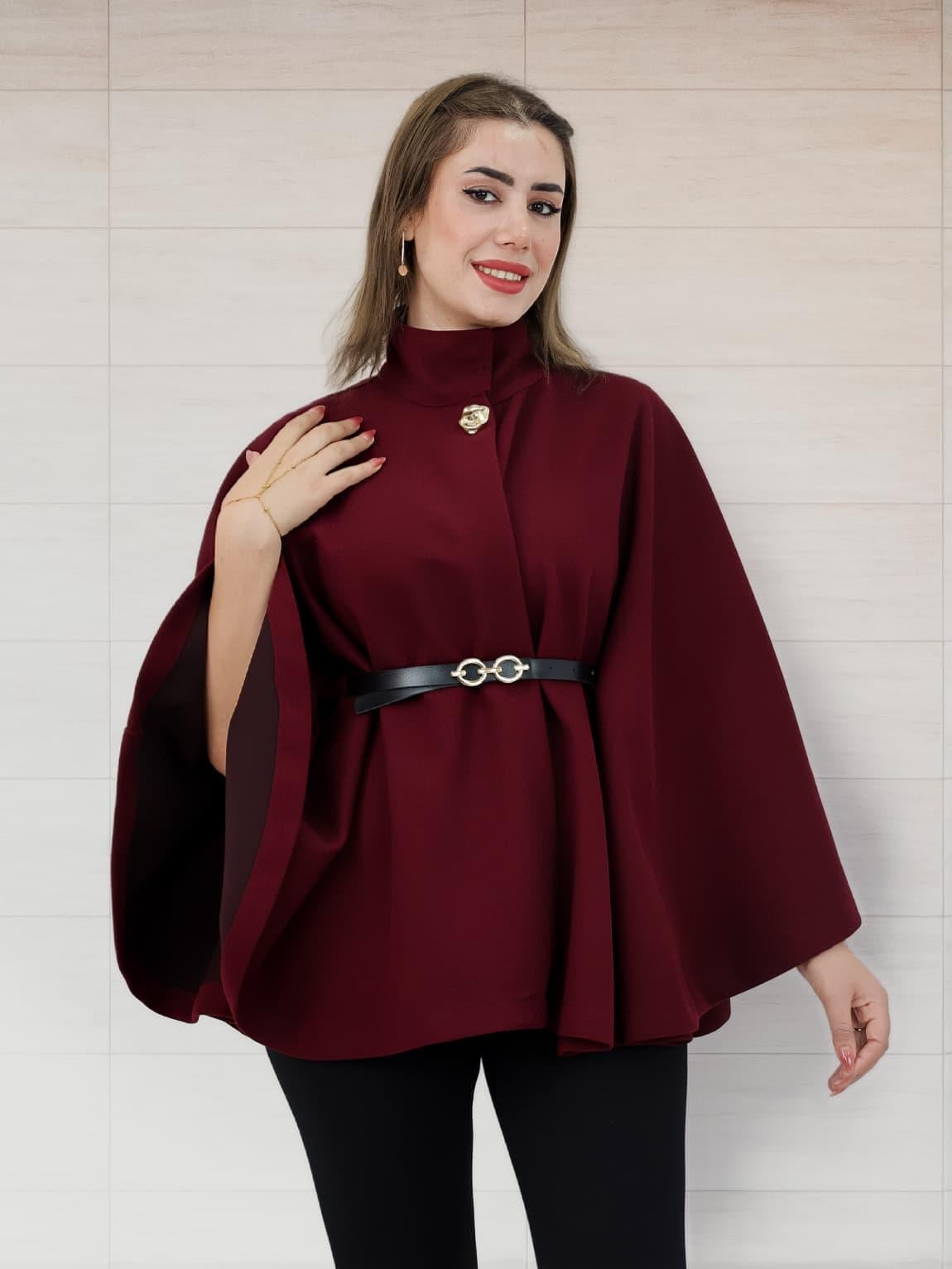 Kadın Kemer Aksesuarlı Panço Bordo