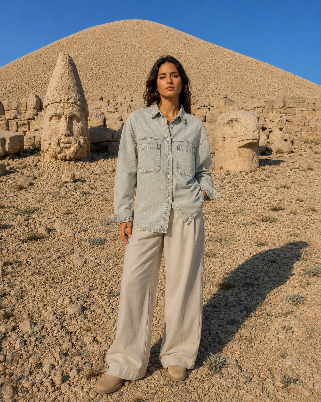  Kadın Oversize Kot Gömlek Çift Cepli Bölmeli Denim Gömlek Uzun Kollu