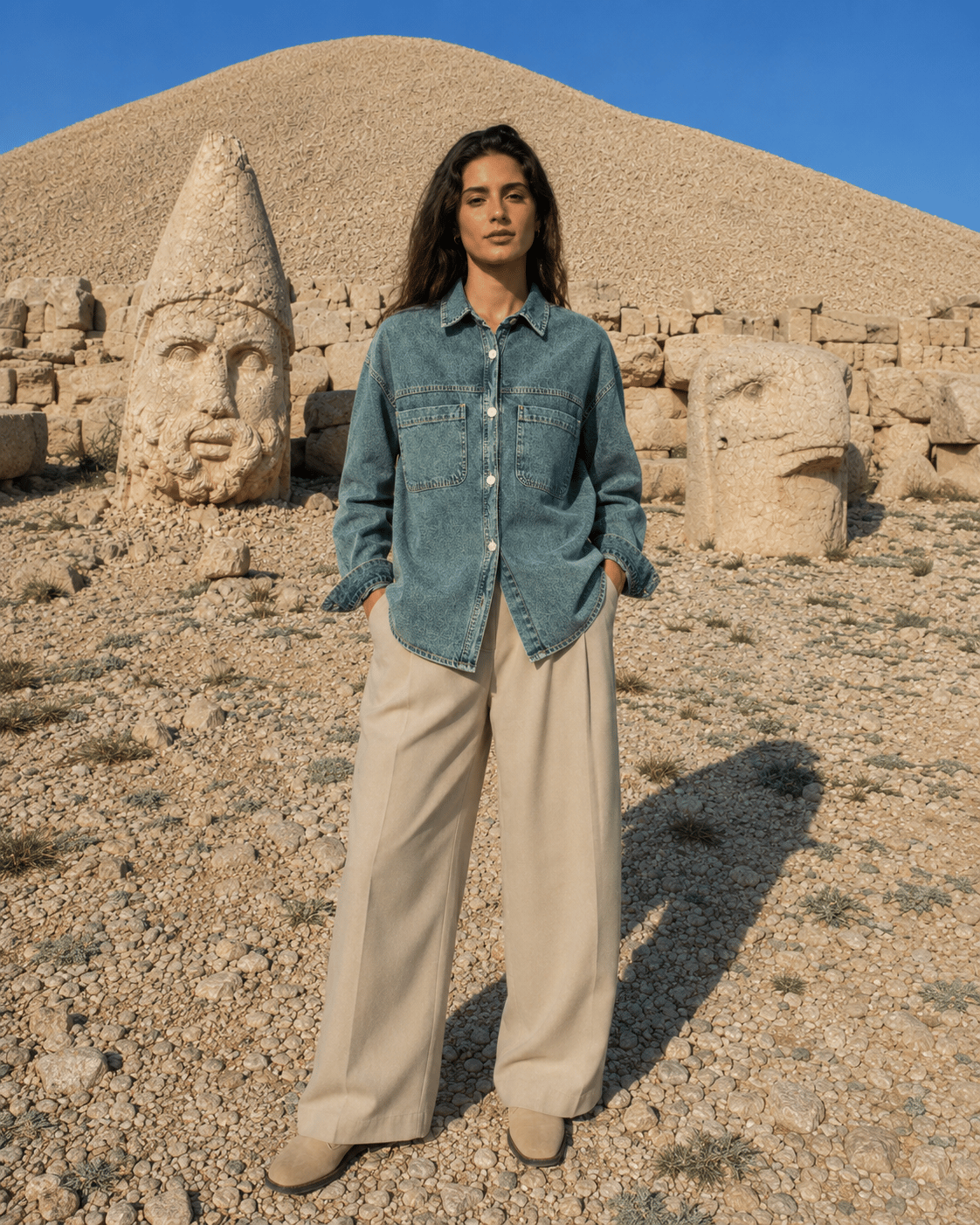  Kadın Oversize Kot Gömlek Çift Cepli Bölmeli Denim Gömlek Uzun Kollu