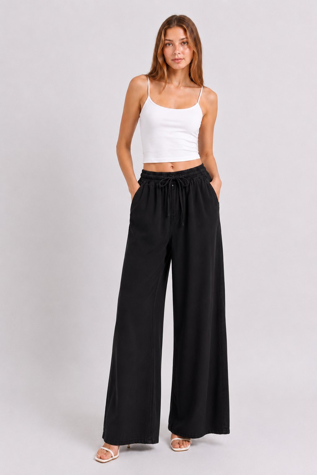 Beli Lastik Wide Leg Palazzo Kot Pantolon SİYAH
