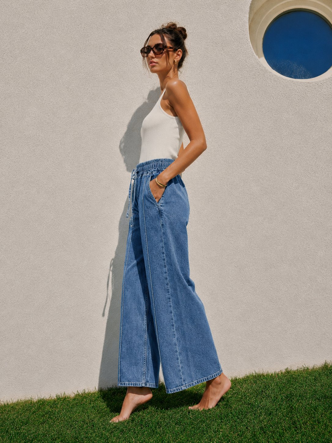 Kadın Beli Lastikli Bağcıklı Bol Paça Rahat Kesim Jean Pantolon
