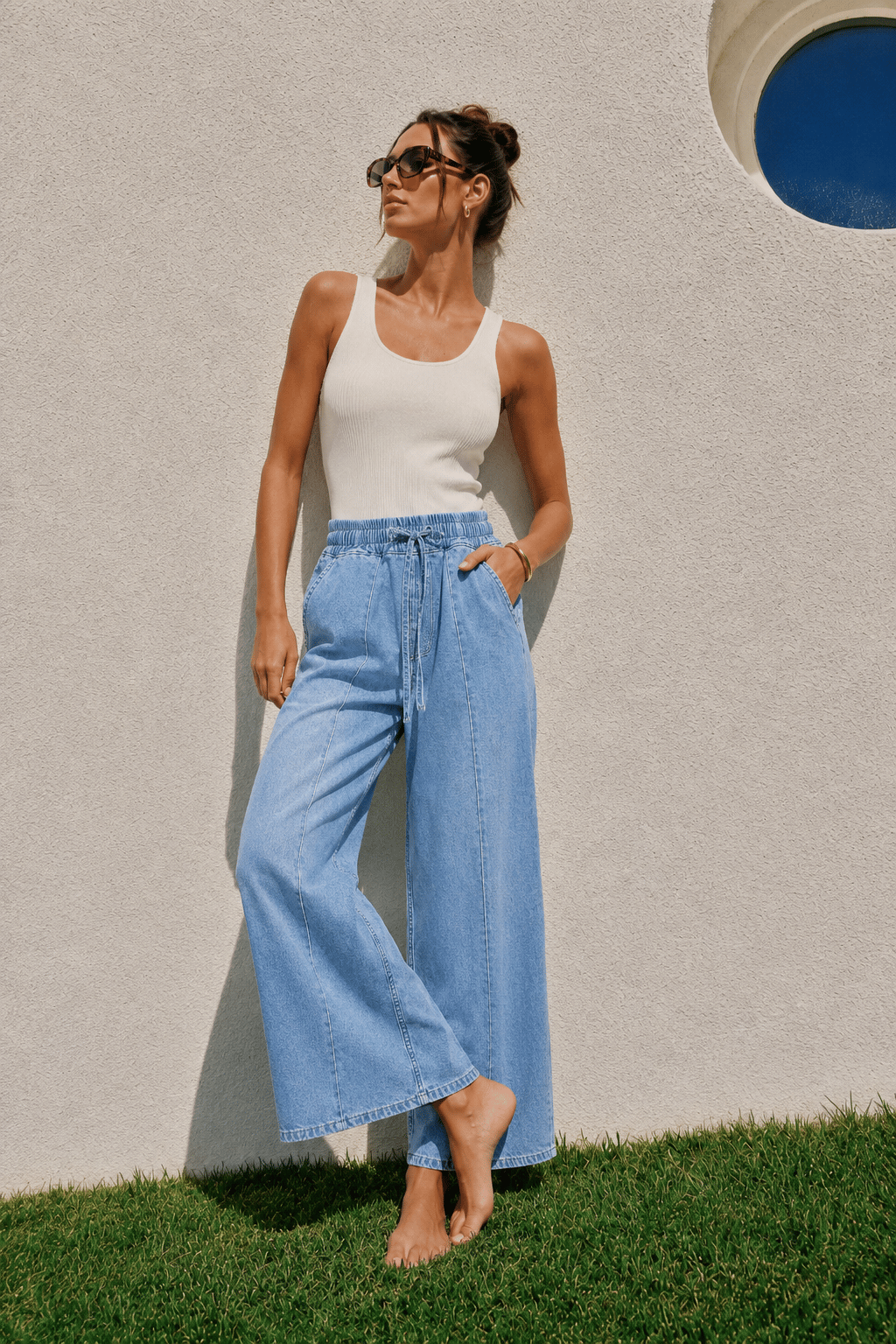 Kadın Beli Lastikli Bağcıklı Bol Paça Rahat Kesim Jean Pantolon