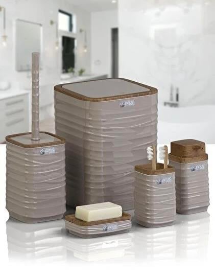 AHŞAP GÖRÜNÜMLÜ KARE 5 PARÇA BANYO SETİ