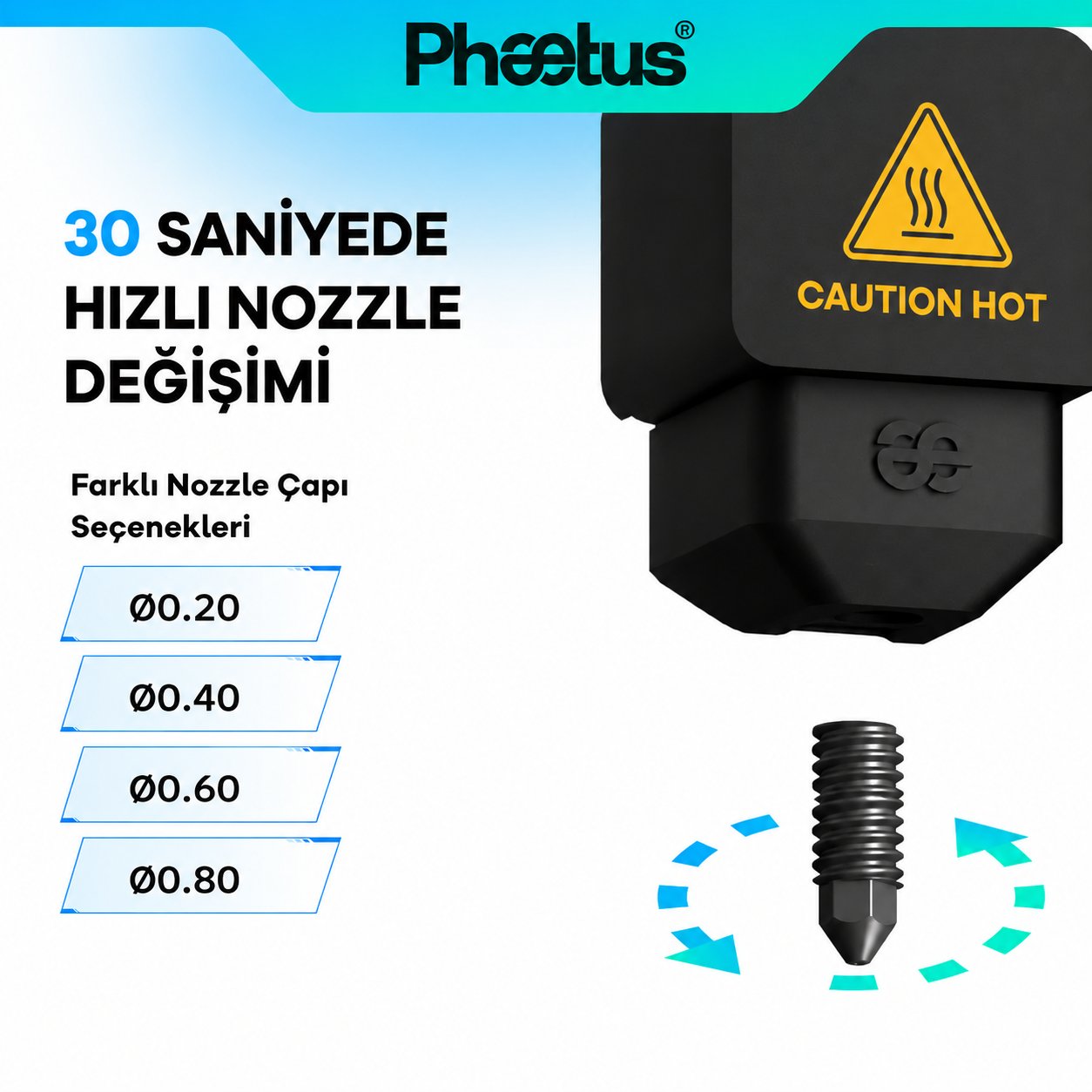 Phaetus H2D 0.4mm Değiştirilebilir Nozzle Conch M4 Endcoat Hotend