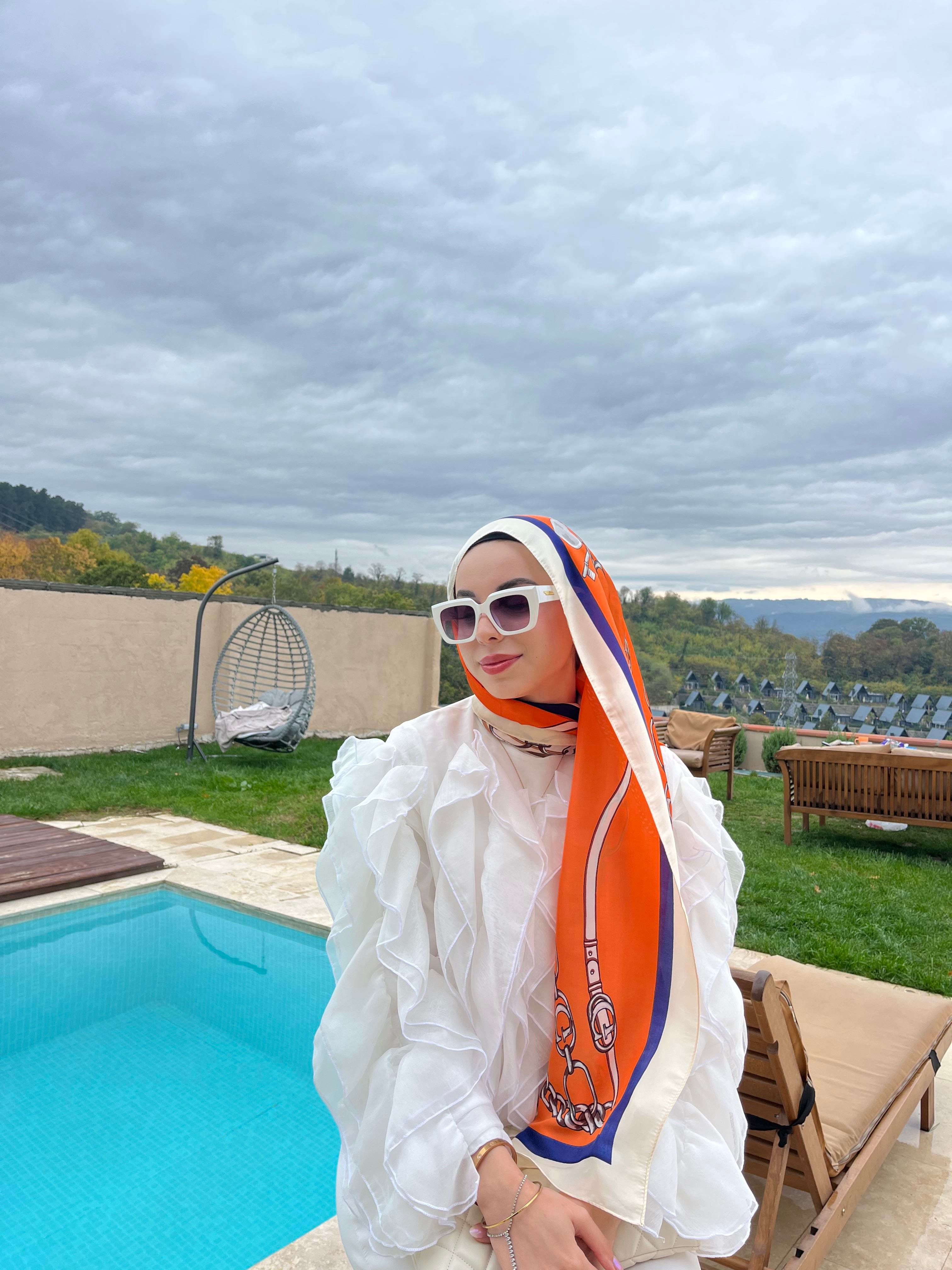 Mour Zincir Desenli Premium Şal-Orange