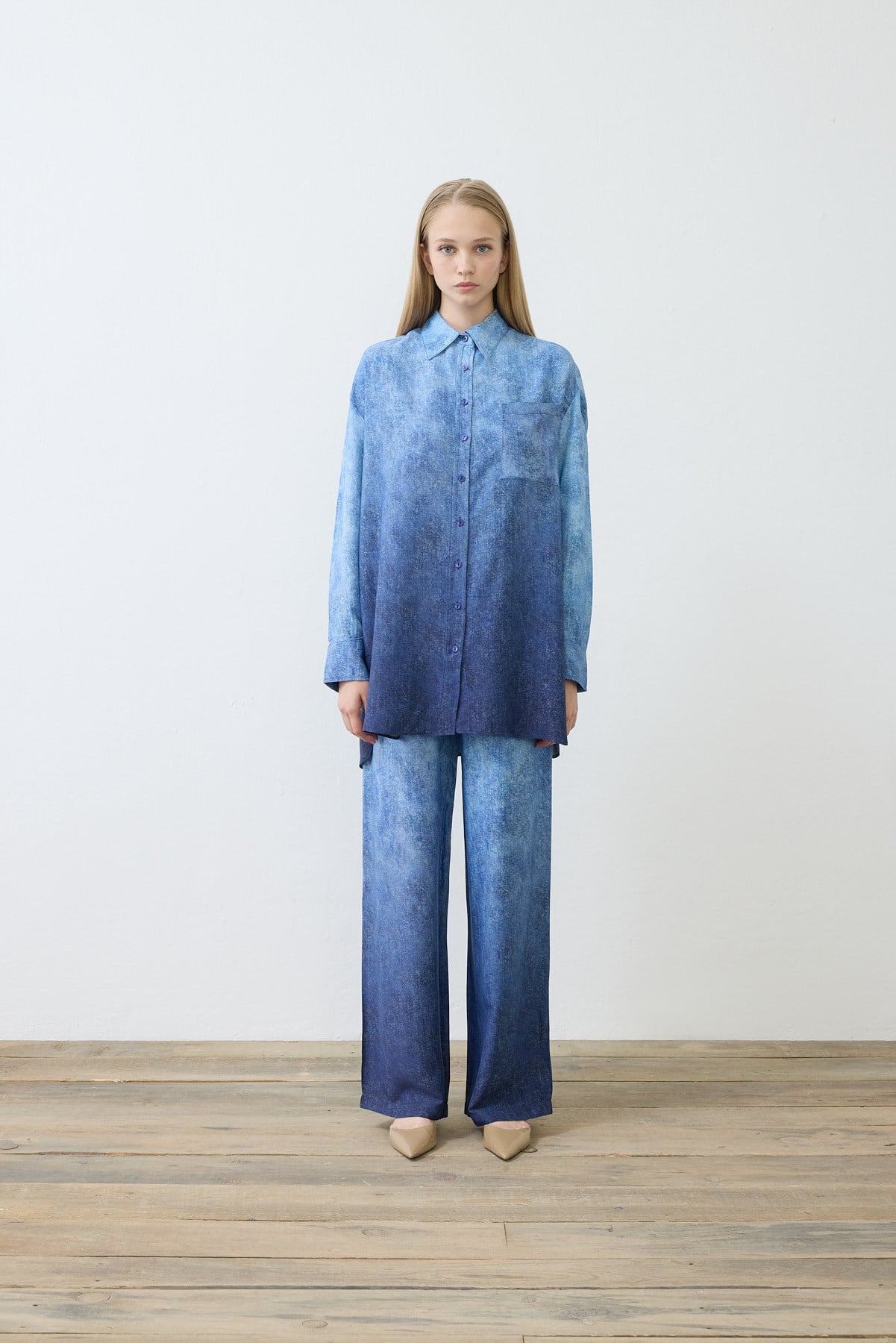 DENİM DESENLİ RAYON VİSKON PANTOLONLU TAKIM
