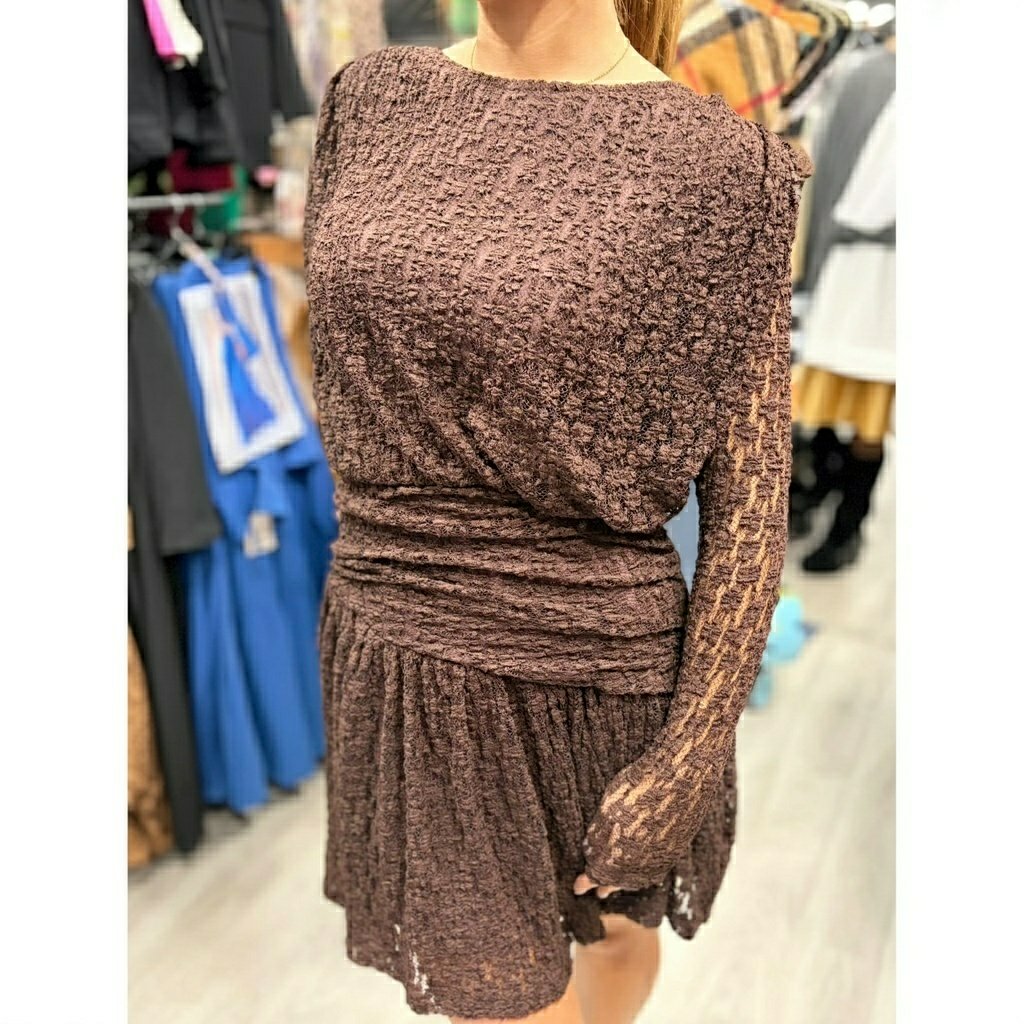 Kahve Dantel Drape Detaylı Elbise