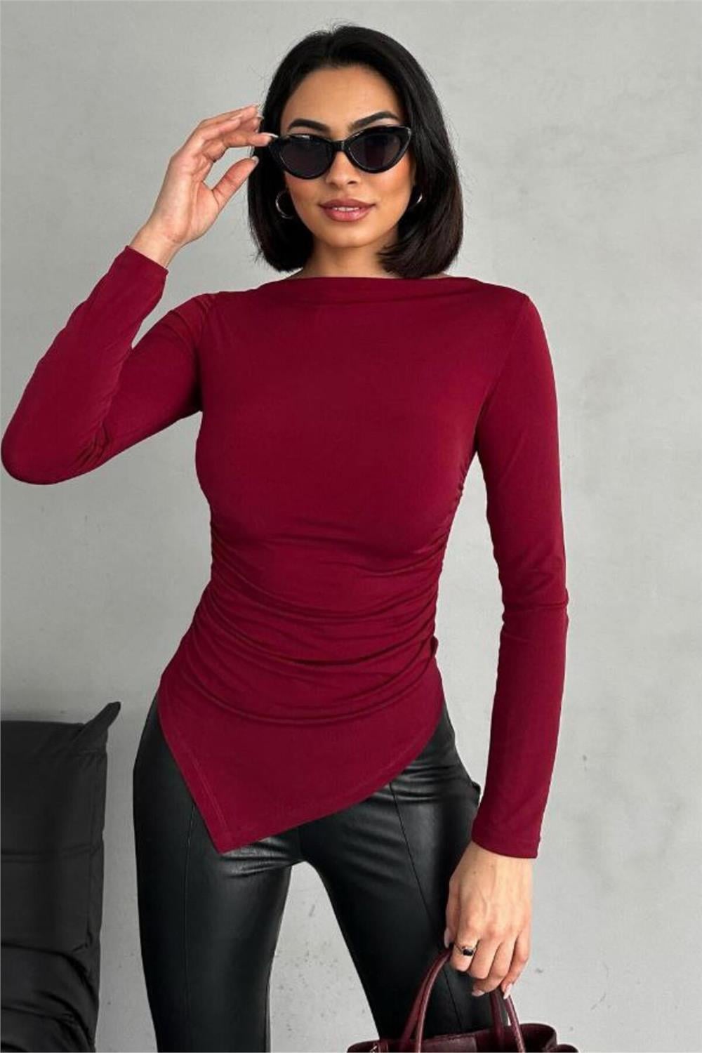 Asimetrik Drape Kadın Body-Bluz -065