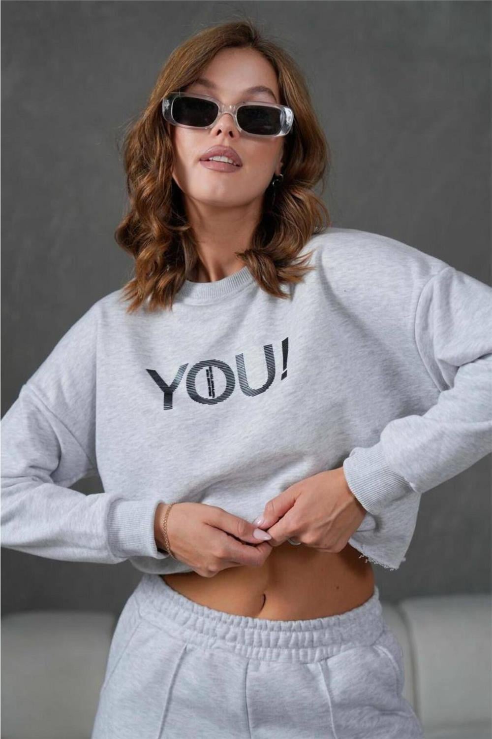 Enjeksiyon Baskı Detaylı Crop Üst Sweat Üç İplik Alt Üst Sweatshirt Takım 351
