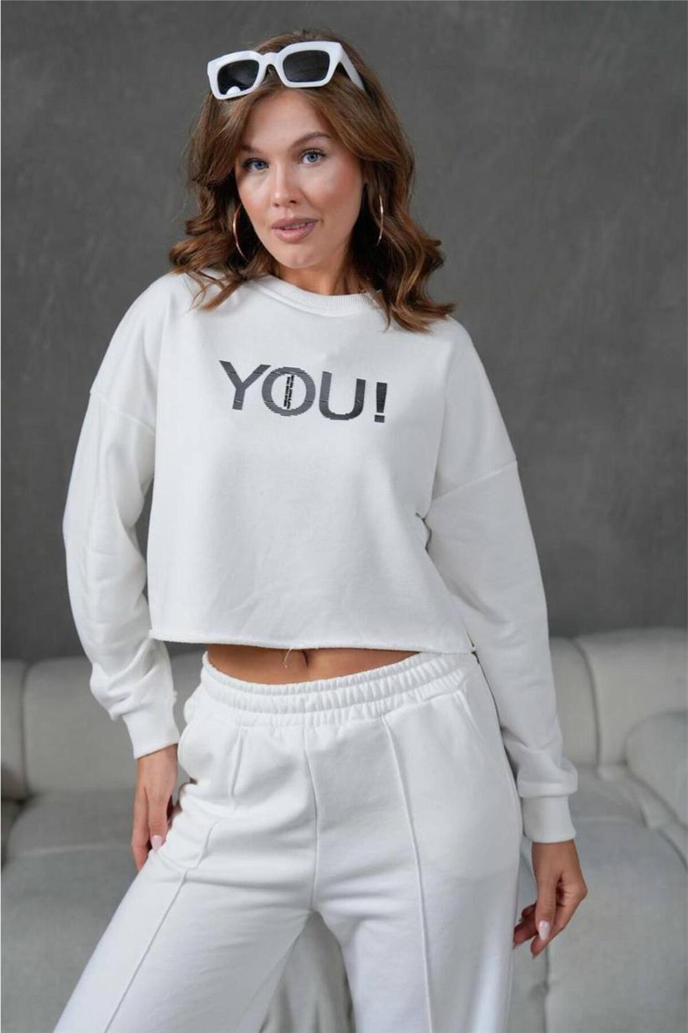 Enjeksiyon Baskı Detaylı Crop Üst Sweat Üç İplik Alt Üst Sweatshirt Takım 351