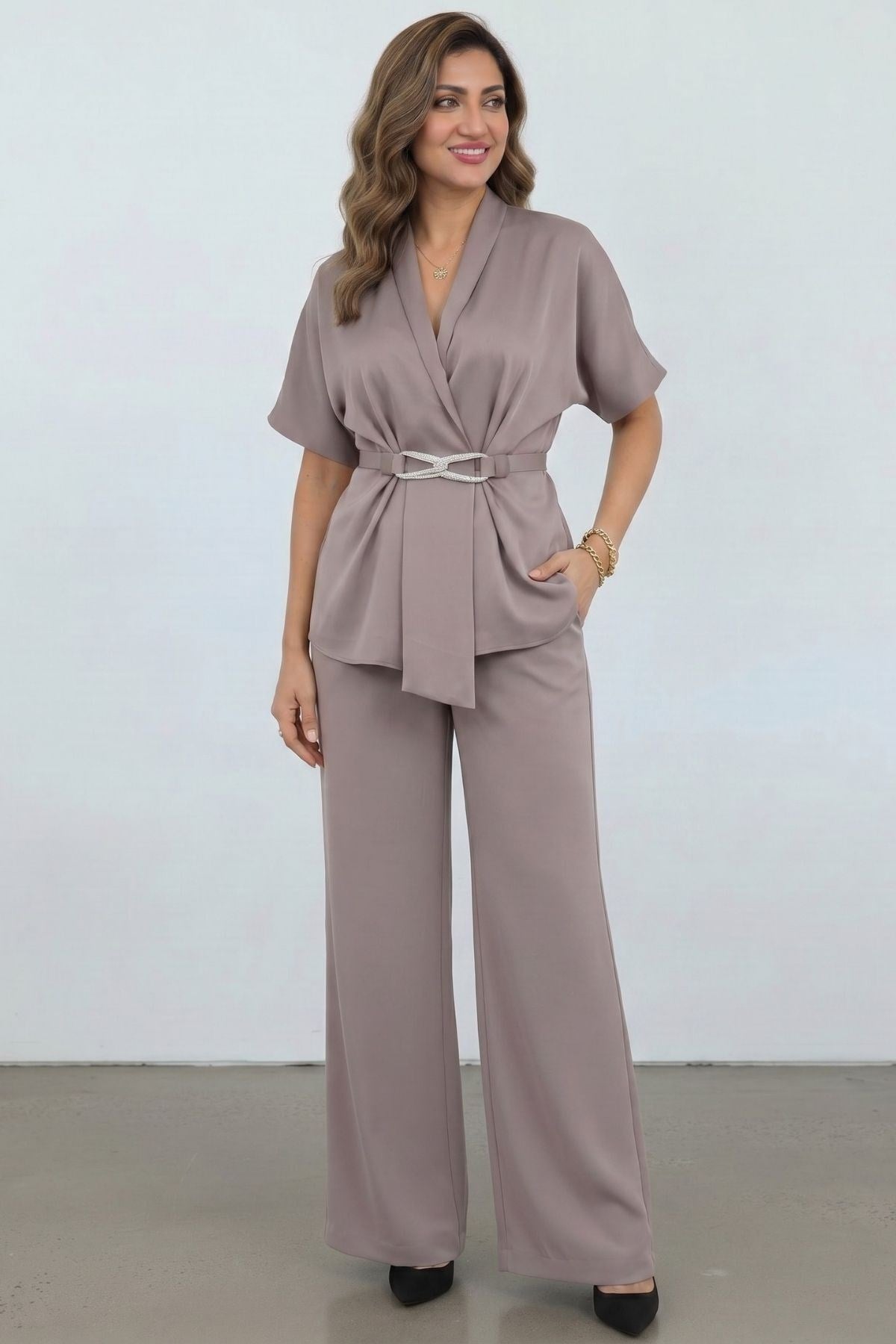 Kadın Büyük Beden Krep Saten Abiye Takım Ceket Pantolon 2'li Set - 36059