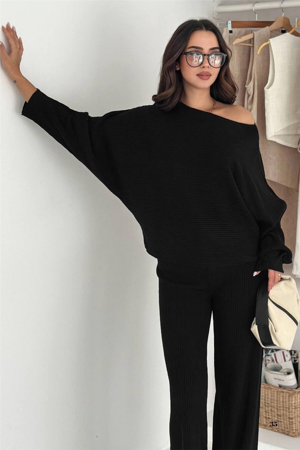 Kayık Yaka Oversize Yumuşak Triko Kazak ve Bol Paça Alt Üst İkili Takım (Bej/Gri/Siyah) 7048