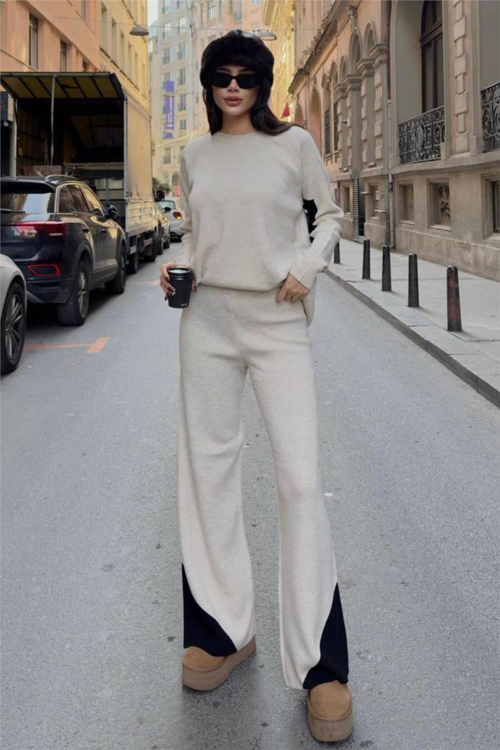Kol ve Paçada Şerit Tasarım Oversize Beden Kazak Pantalon İkili Triko Takım 034
