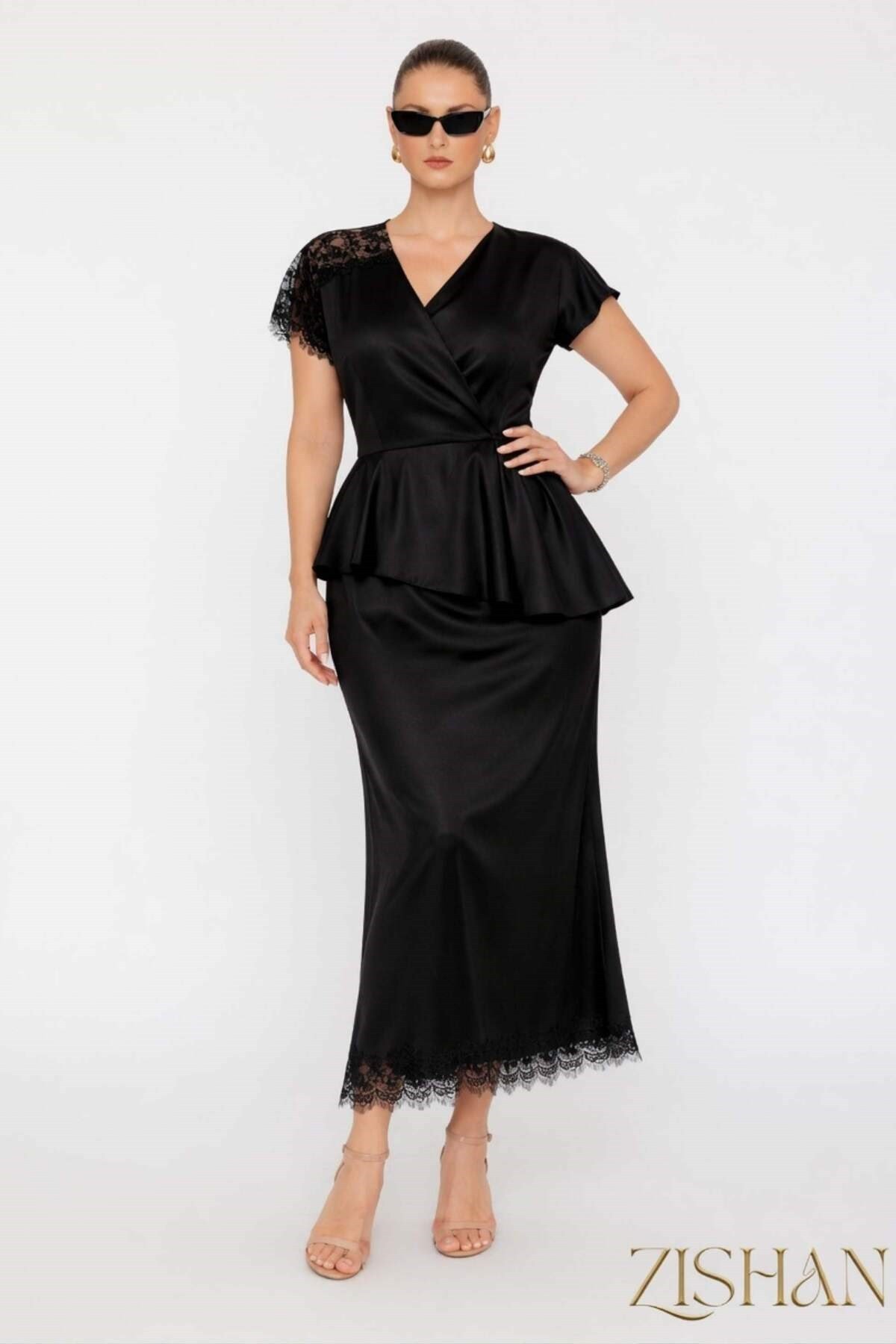 Saten Peplum Dantel Detaylı Etek Bluz İkili Büyük Beden Takım | 44-46-48-50 Beden 8402