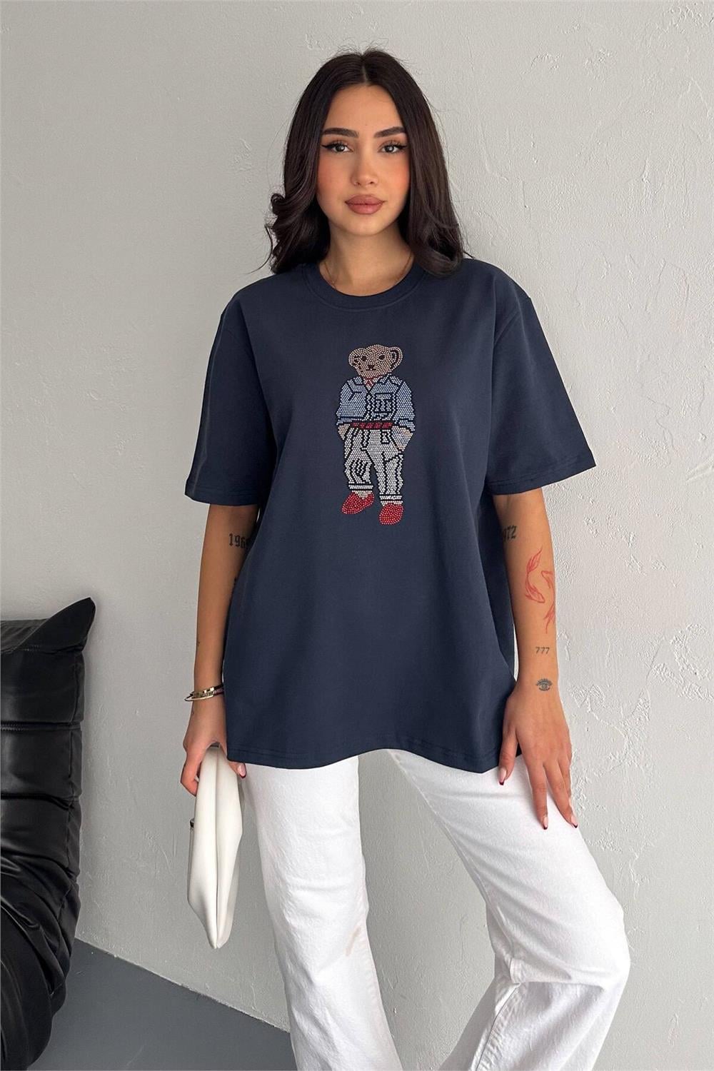 Taş İşlemeli Ayıcıklı T-Shirt  Oversize %100 Pamuk Penye 405