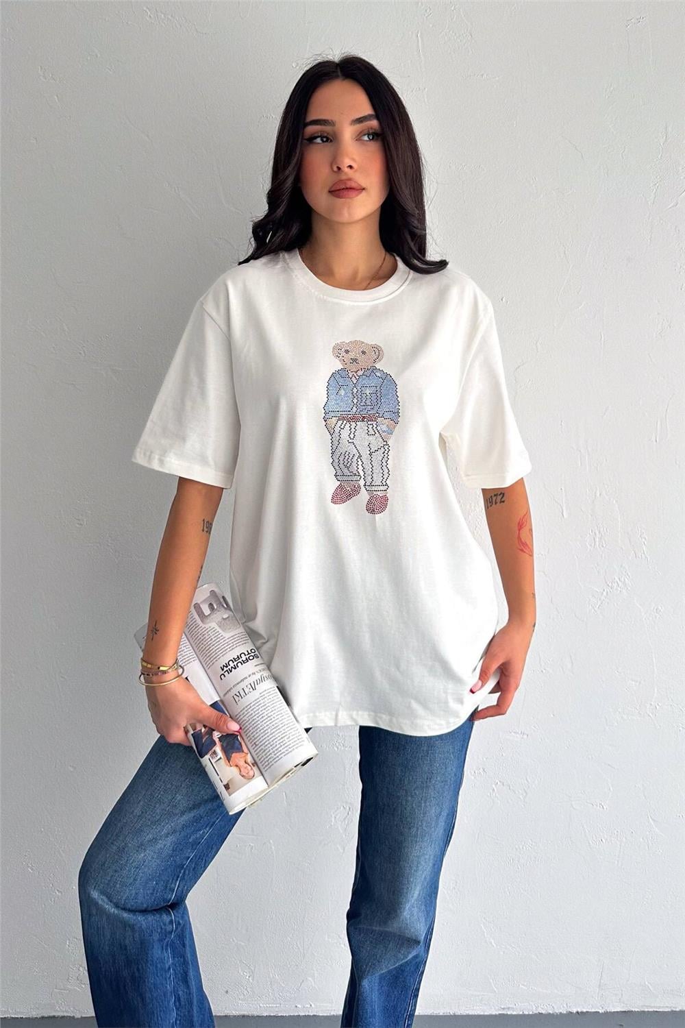 Taş İşlemeli Ayıcıklı T-Shirt  Oversize %100 Pamuk Penye 405