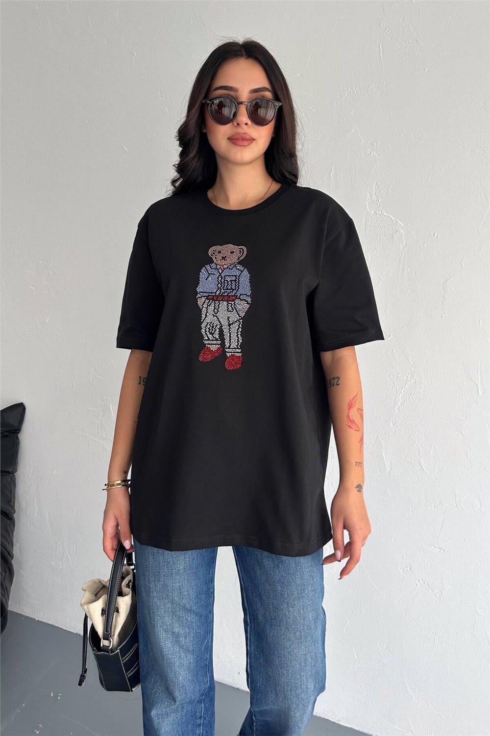Taş İşlemeli Ayıcıklı T-Shirt  Oversize %100 Pamuk Penye 405
