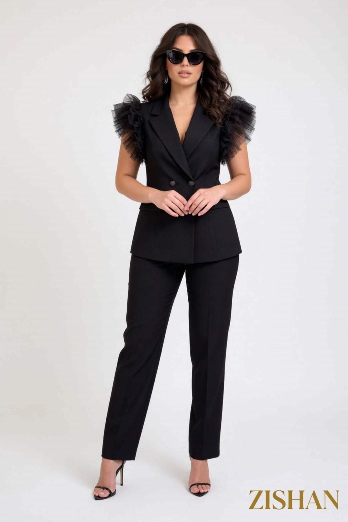 Tül Omuz Detaylı Double Breasted Ceket Pantolon Büyük Beden İkili Takım | 44-46-48-50 Beden 8390
