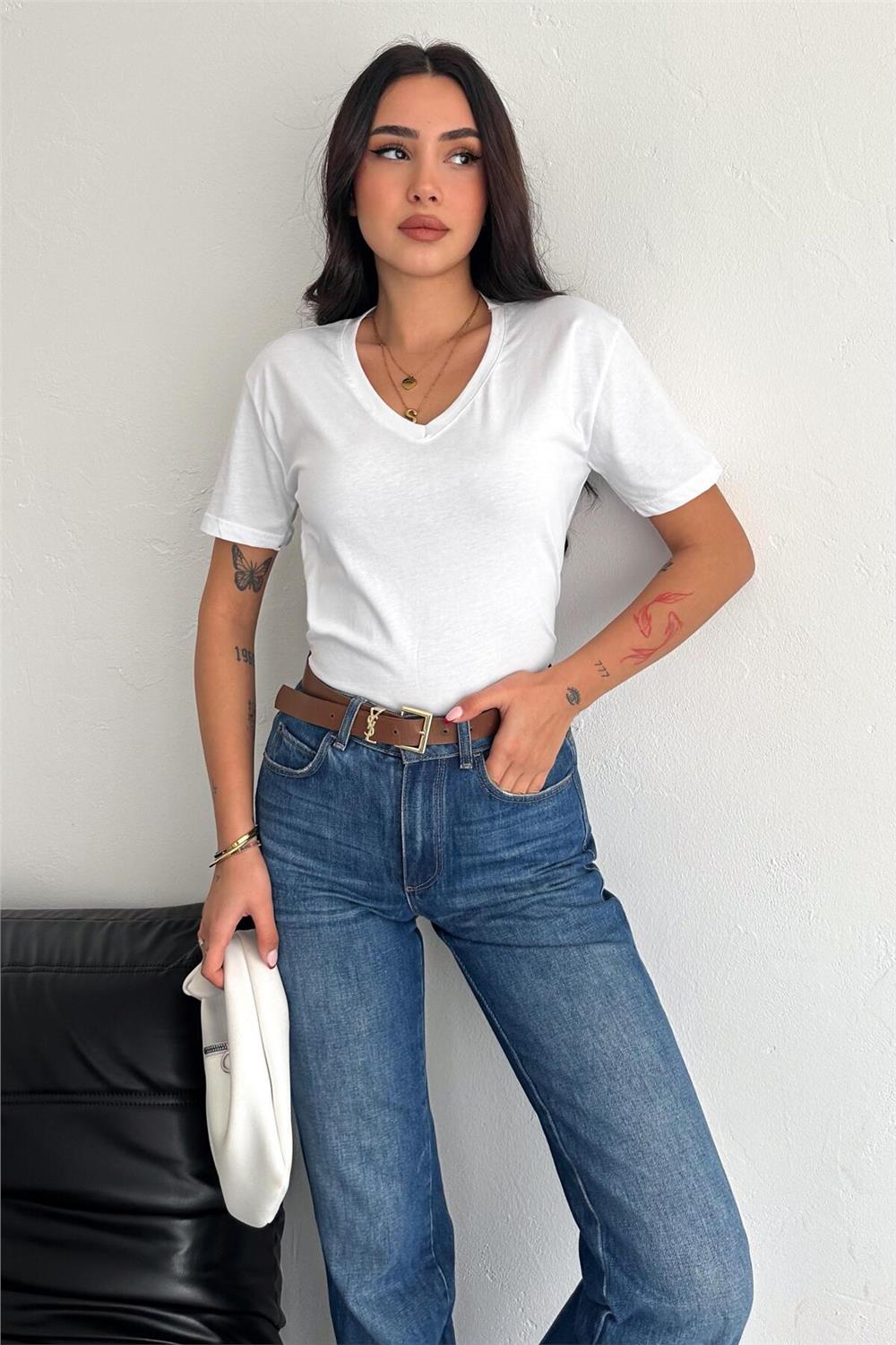 V Yaka Basic T-Shirt %100 Pamuk Penye 199
