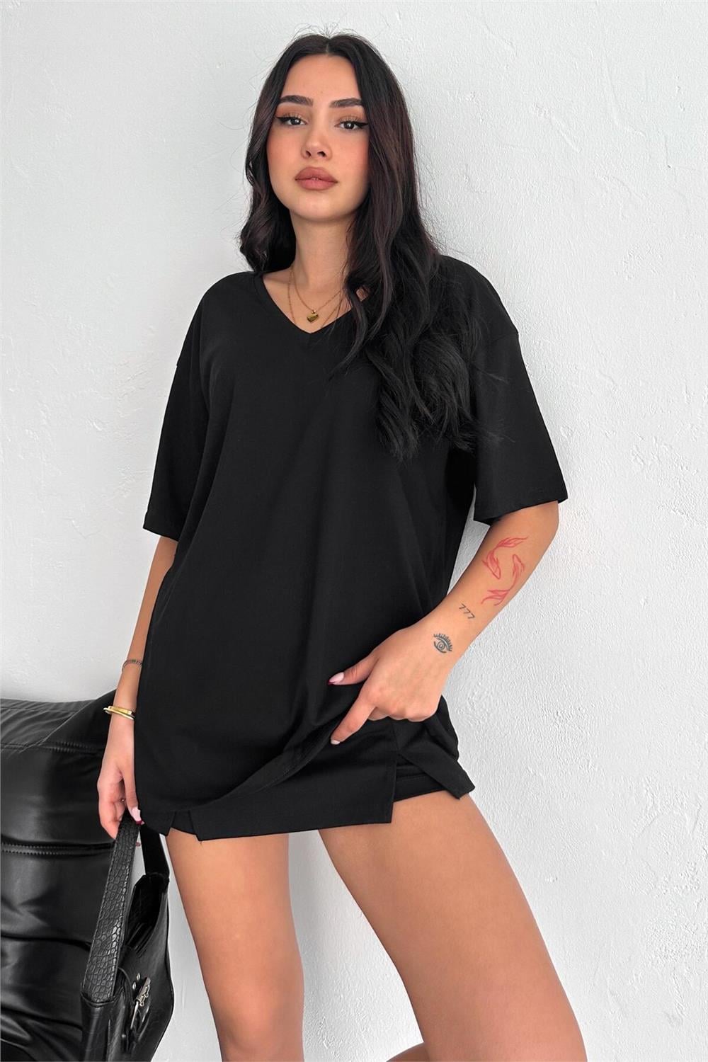 V Yaka Oversize T-Shirt %100 Pamuk Penye 099