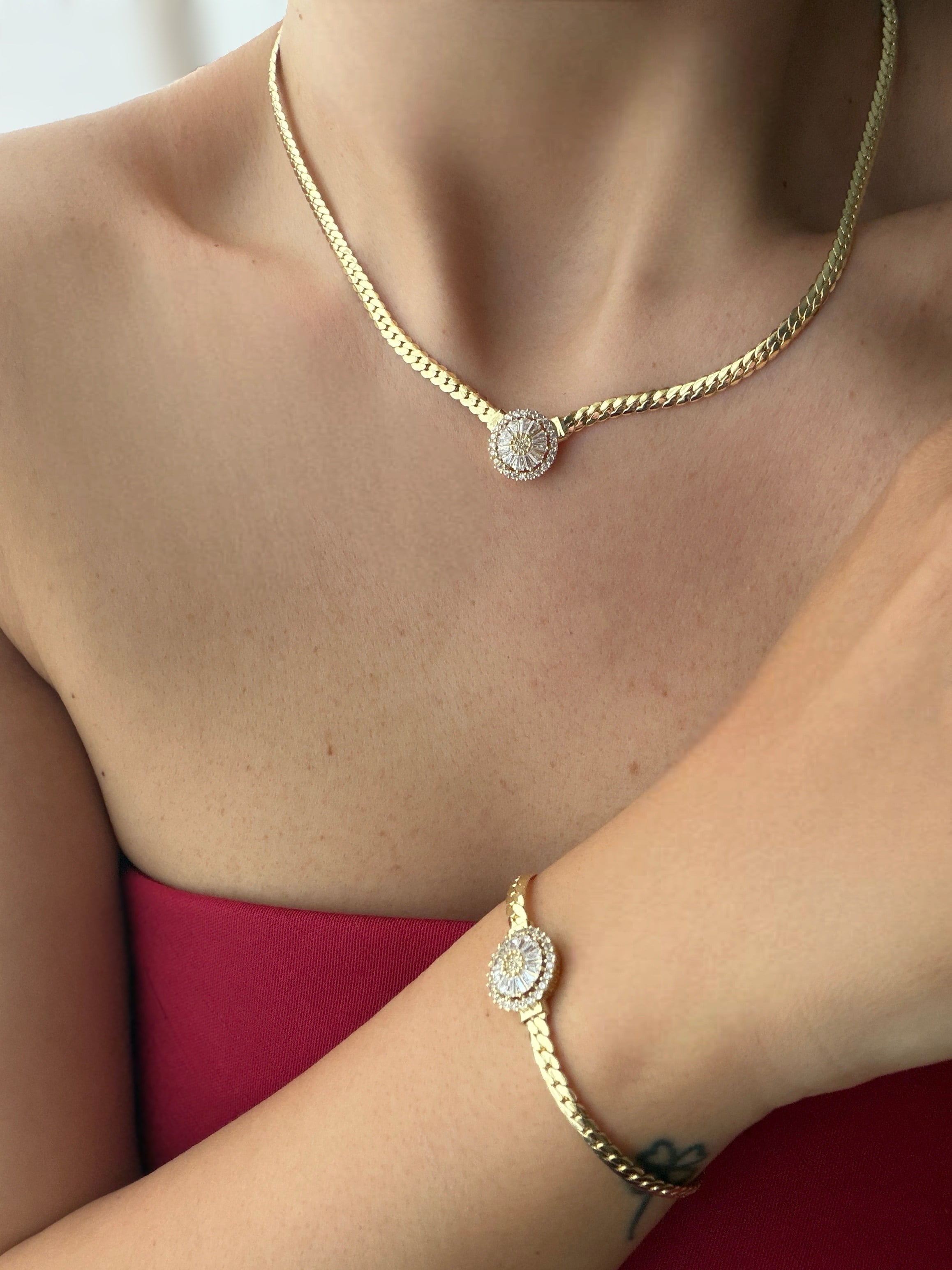 14K gold altın kaplama,özel gün serilerinden zarif bileklik ve kolye 2'li set