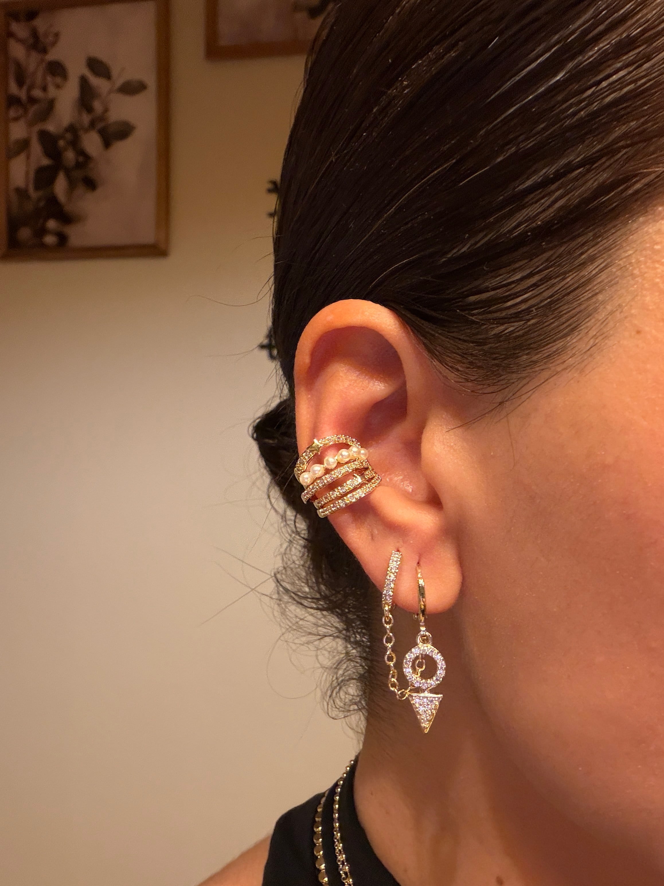 14K gold renk altın kaplama,inci zirkon taş ve yıldız detaylı,özel temalı kıkırdak küpesi earcuff