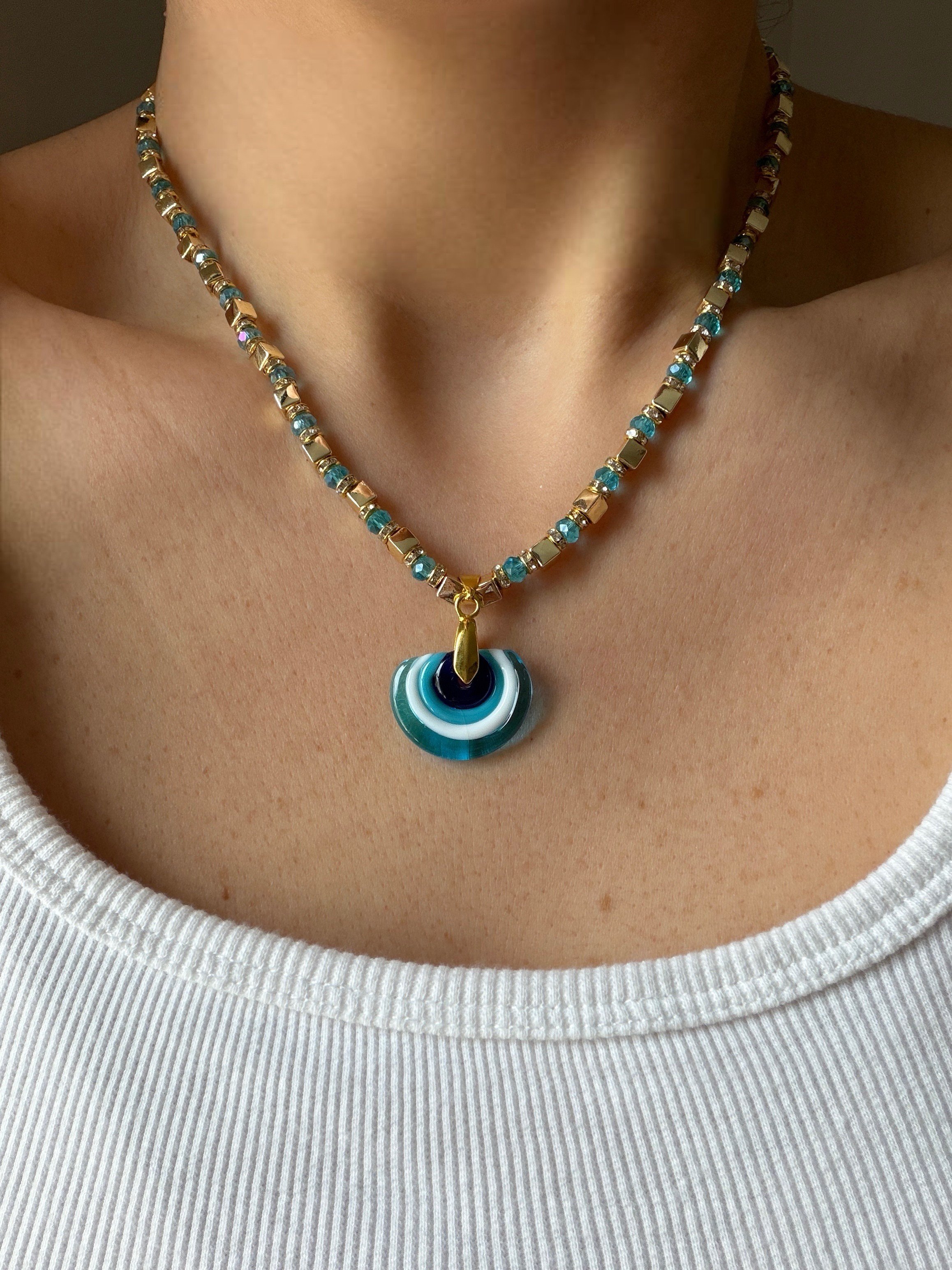 14K gold renk çelik ve mavi boncuklu, koruyucu, tasarım kolye 🧿