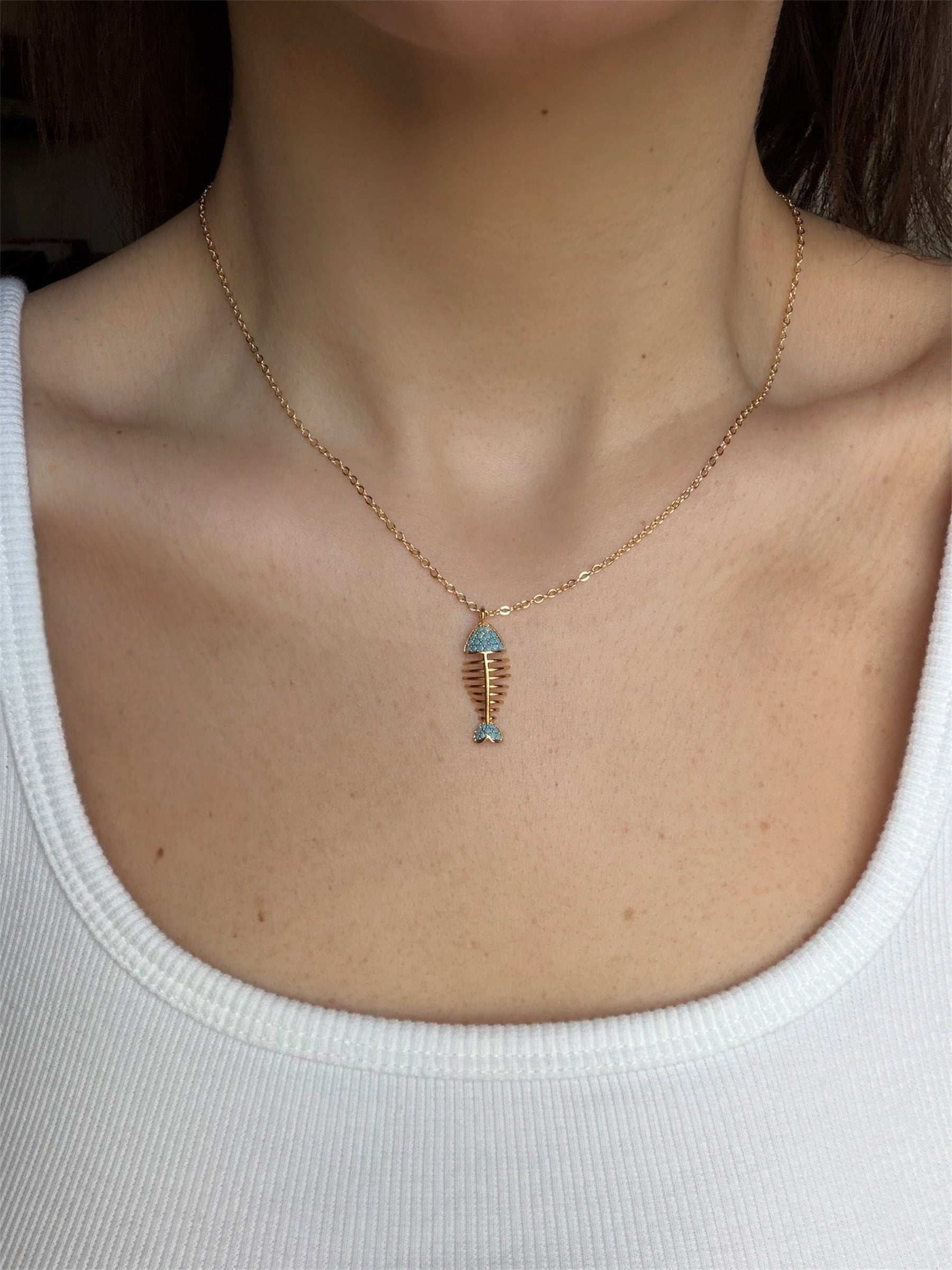 14K gold renk zirkon mavi taşlı,45 cm balık kolye 🐠