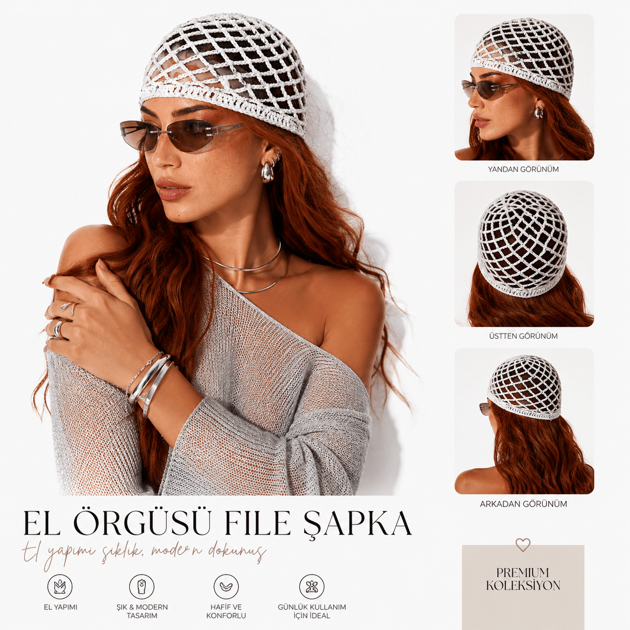 LORİ-Beyaz renk,gümüş pul payetli ve lorex ipli handmade file saç aksesuarı