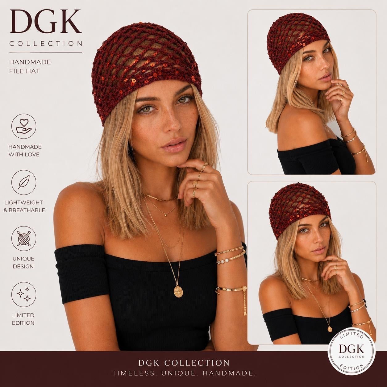LORİ-Şarap bordosu rengi bakır pul payetli handmade file saç aksesuarı