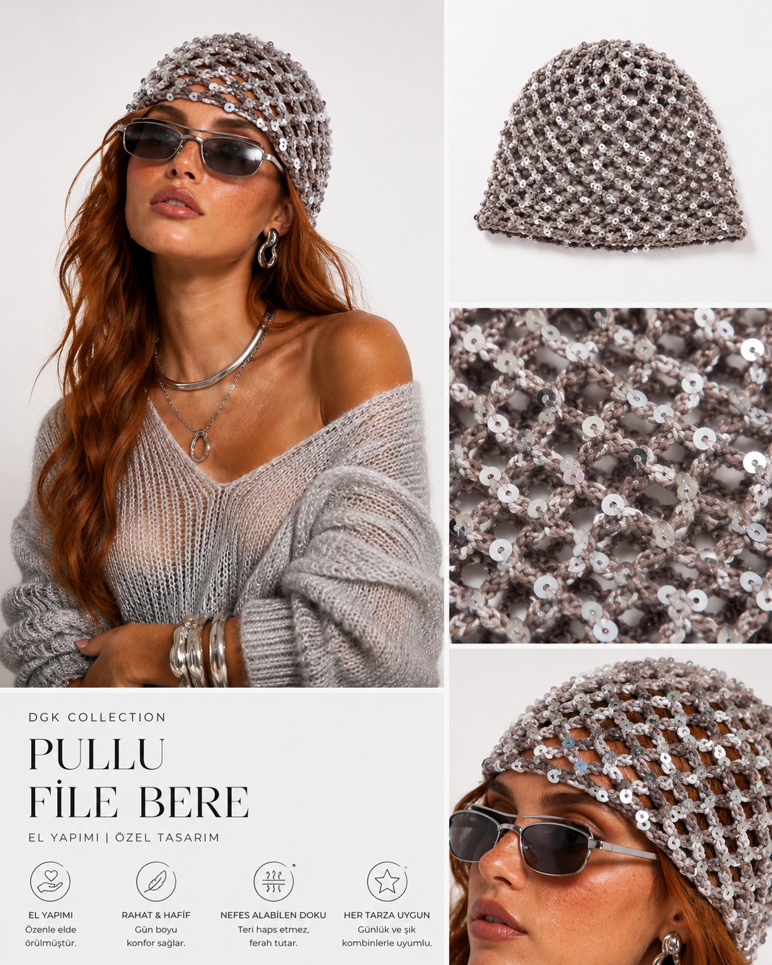 Vizon rengi gümüş pul payetli,handmade file şapka