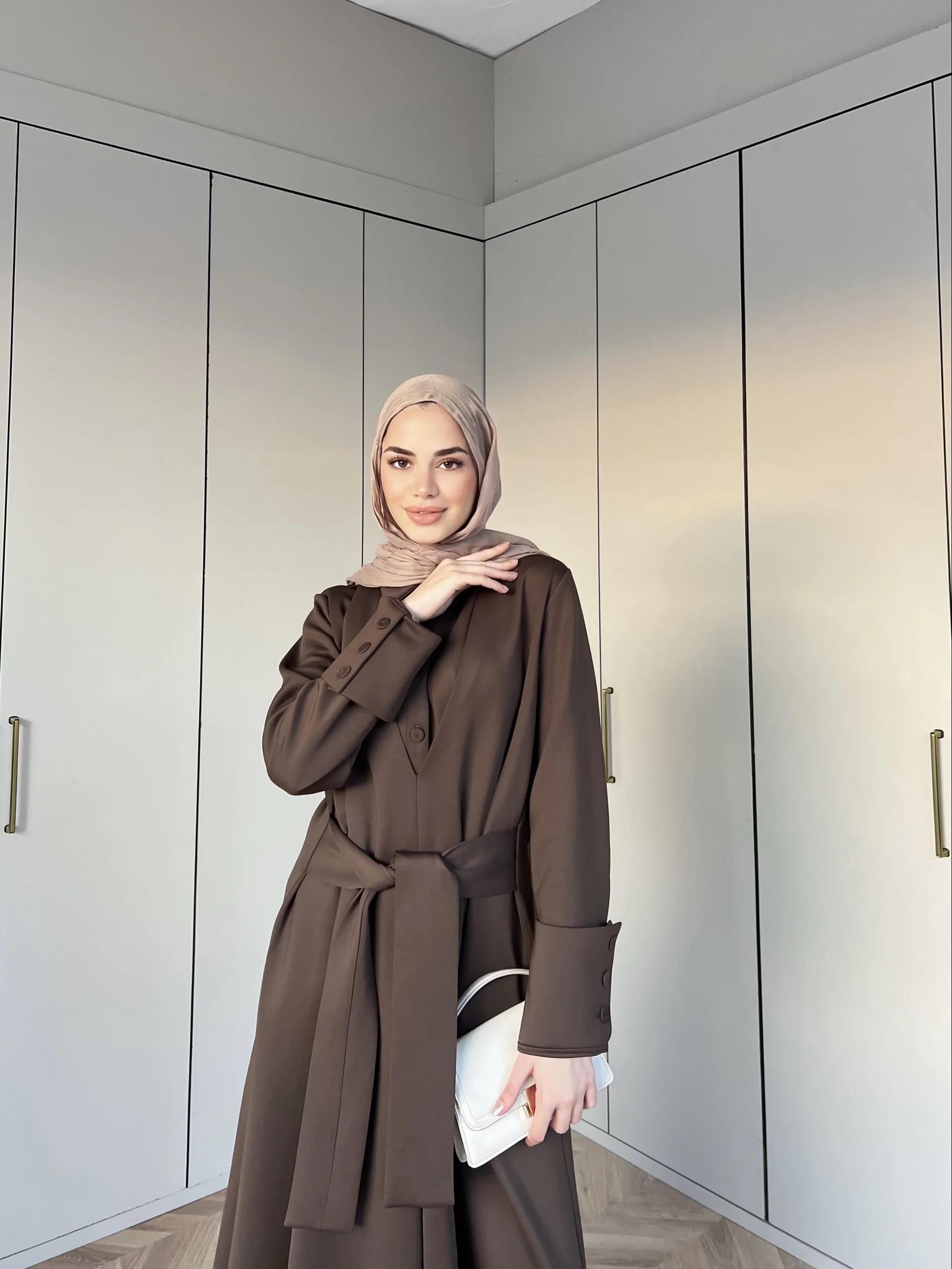 Alev Düğmeli Elbise -Kahve