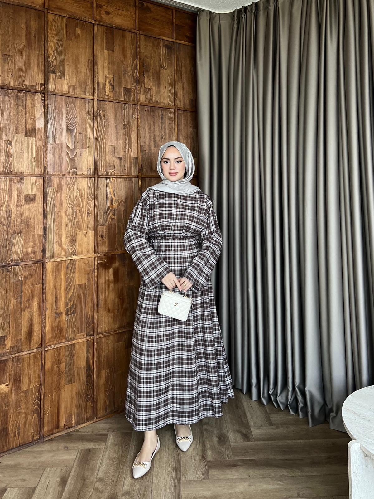 Bağlamalı Ekose Elbise - Kahve