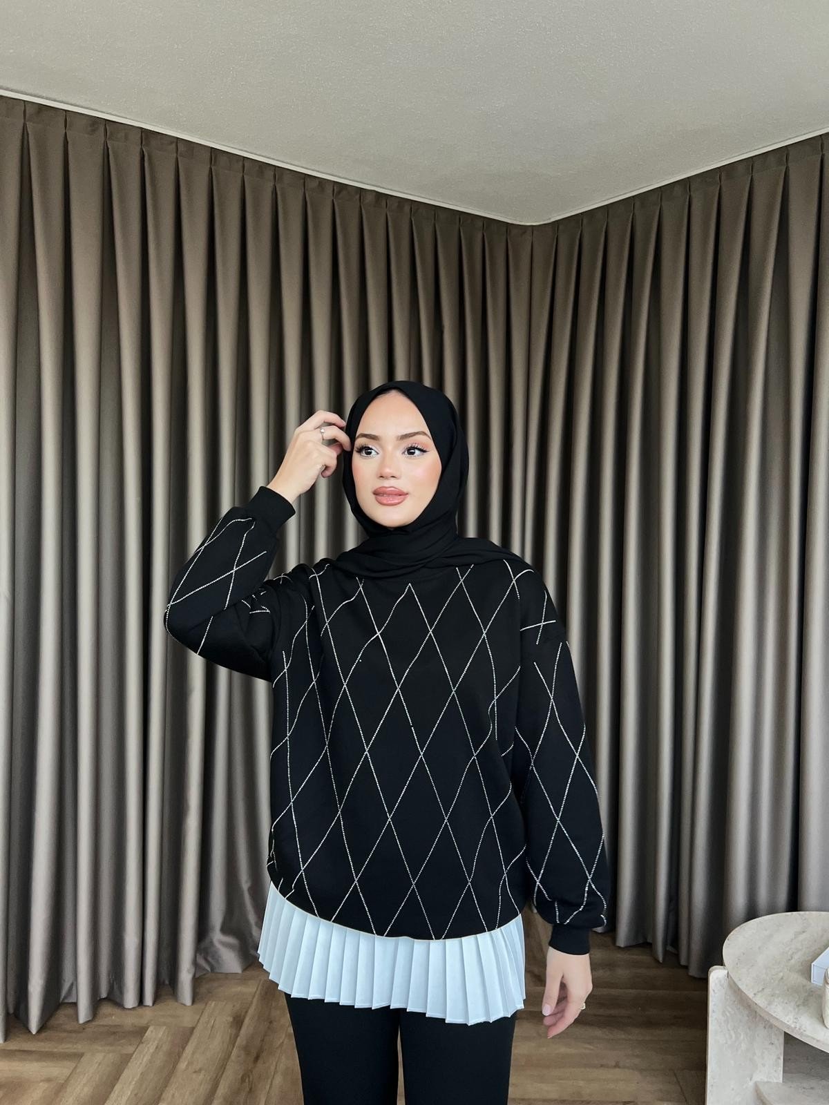 Baklava Desenli Taşlı Sweat - Siyah